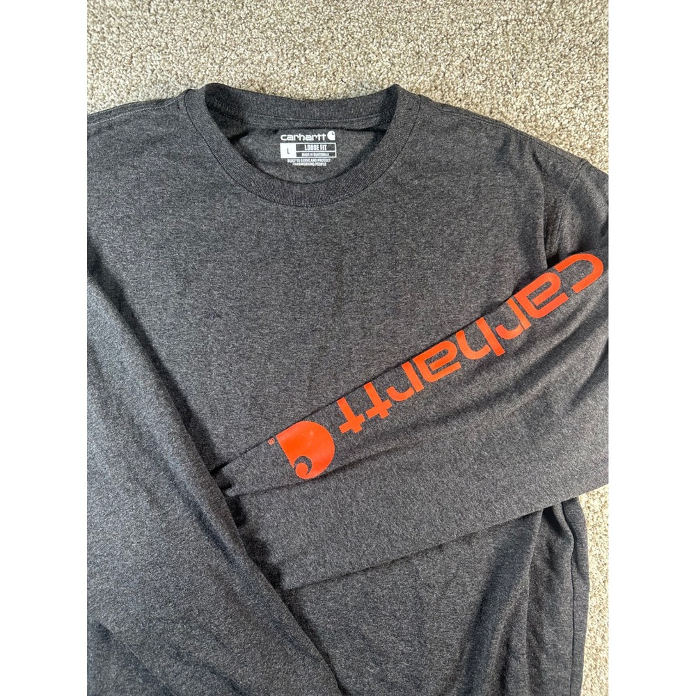 Carhartt Mens Loose Fit Long Sleeve Graphic T-Shirt Charcoal Gray Orange K231 L